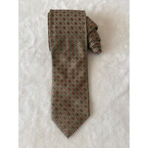 Brioni Mens Silk Tie Geometric Medallion Olive Green Red Hand Made Italy Luxury